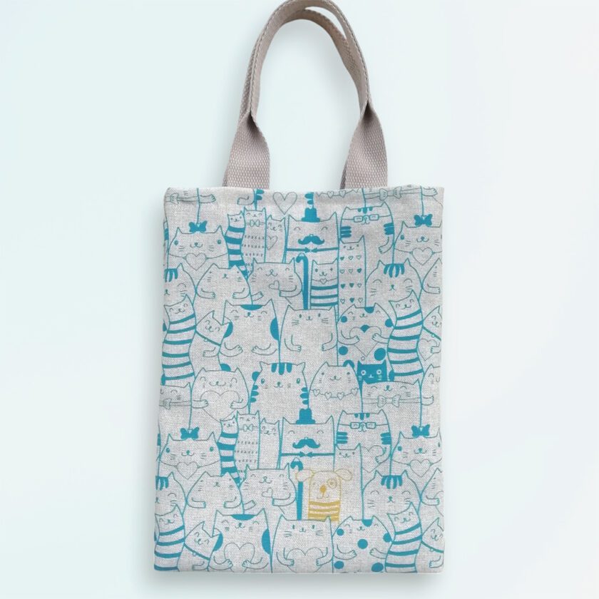 Creative-Stardust-Form-Essence-mini-book-tote-blue-cat-design-on-taupe-brownish-grey2