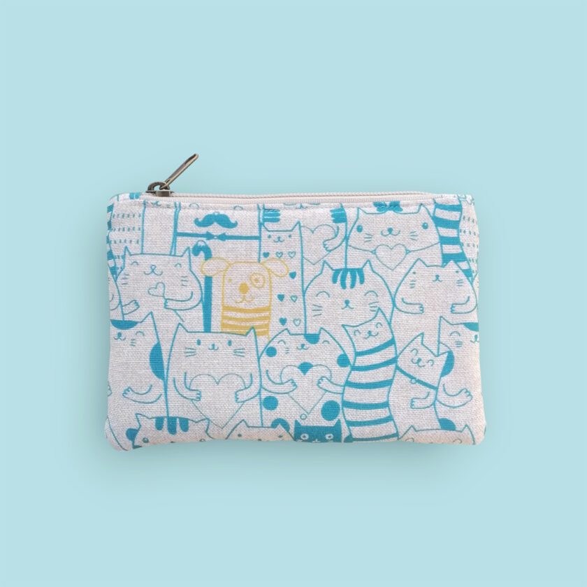 Creative-Stardust-Form-Essence-mini-zipper-pouch-blue-cat-design-on-taupe-brownish-grey2