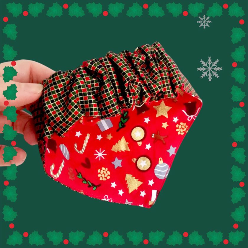 Creative Stardust Christmas dog scrunchiebandana - red ornaments and checkered 4